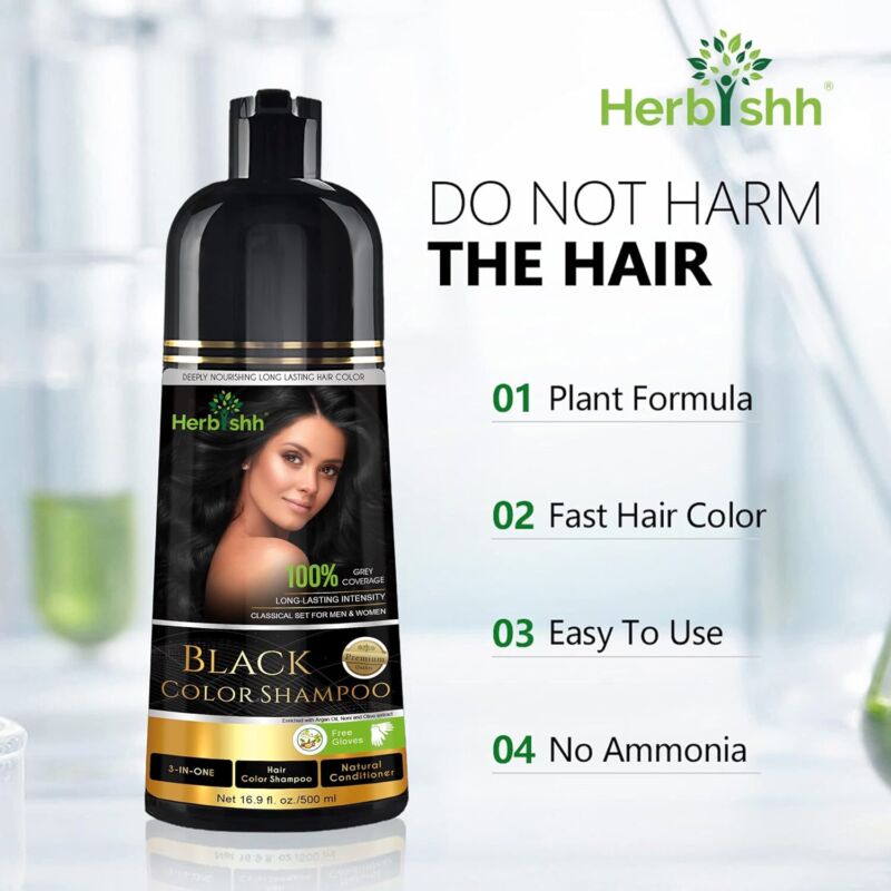 Herbishh Hair Color Shampoo for Gray Hair – Magic Hair Dye Shampoo – Colors Hair in Minutes–Long Lasting–500 Ml–3-In-1 Hair Color–Ammonia-Free (Black) : Beauty & Personal Care