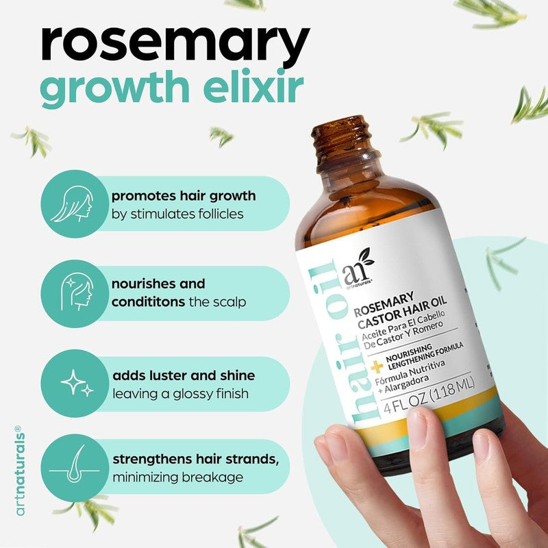ArtNaturals Organic Rosemary & Castor Hair Growth Oil + Scalp Massager Set – Hair Styling Oils for Dry, Itchy Scalp, Thickening & Hydration - Scalp Oil Products For Damaged Hair & Split Ends – 4.0 oz : Beauty & Personal Care