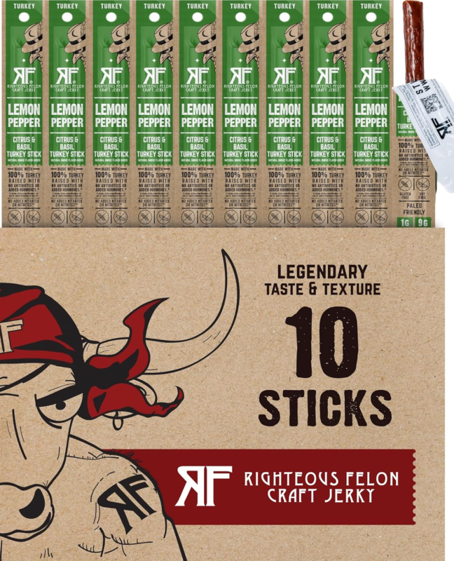Righteous Felon Meat Sticks | 100% Turkey Sticks | Gluten Free & Keto Meat Sticks | Low Sugar & High Protein Turkey Sticks| Healthy Snack for Adults | Jerky Gifts for Men | Lemon Pepper, 10 Pack : Grocery & Gourmet Food