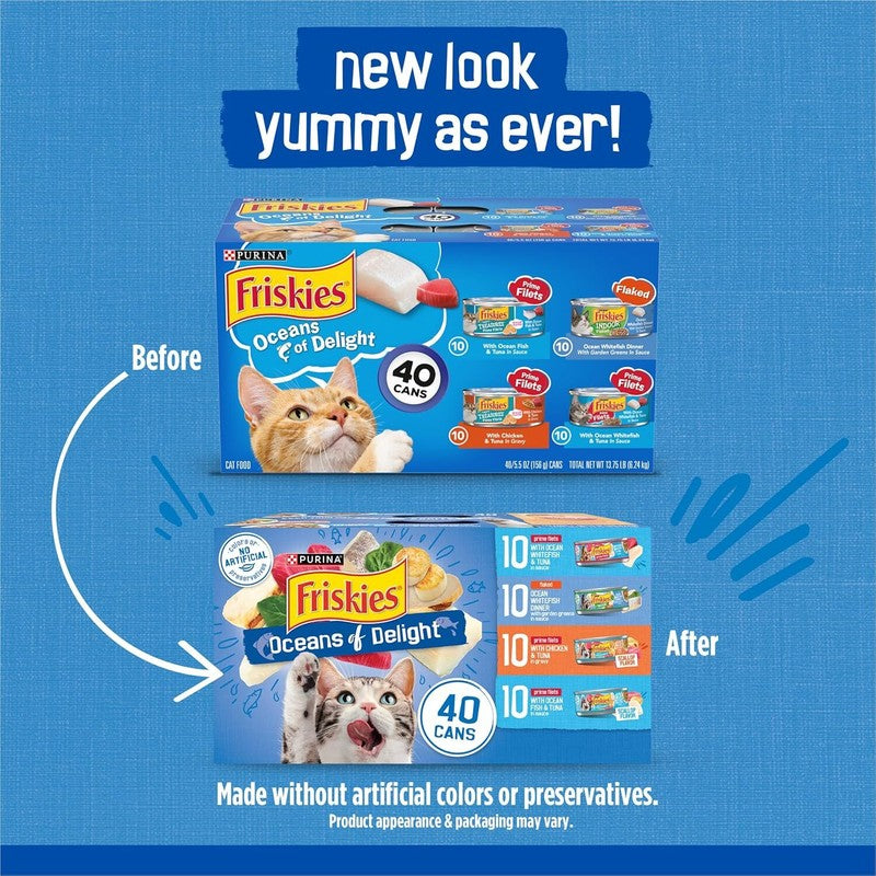 Purina Friskies Wet Cat Food Variety Pack, Oceans of Delight Flaked and Prime Filets - (Pack of 40) 5.5 oz. Cans : Pet Supplies