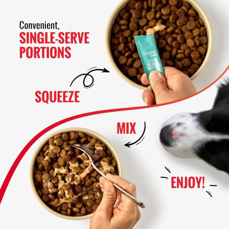 Good 'n' Tasty Triple Flavor Puree Mix-Ins Dog Food Topper Treats for All Dogs, 28 Count, Easy Single-Serve Portions, Added Protein with Tuna, Chicken and Duck