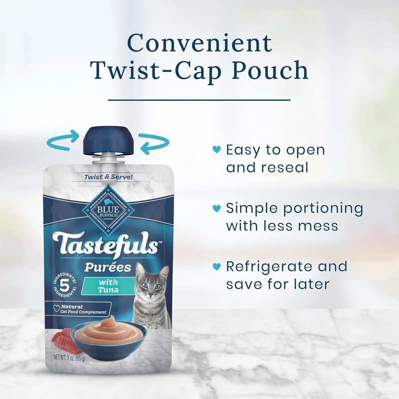 Blue Buffalo Tastefuls Purées with Tuna, Natural Cat Food Complement, Resealable Twist Cap Pouches, 3-oz (12 Count)