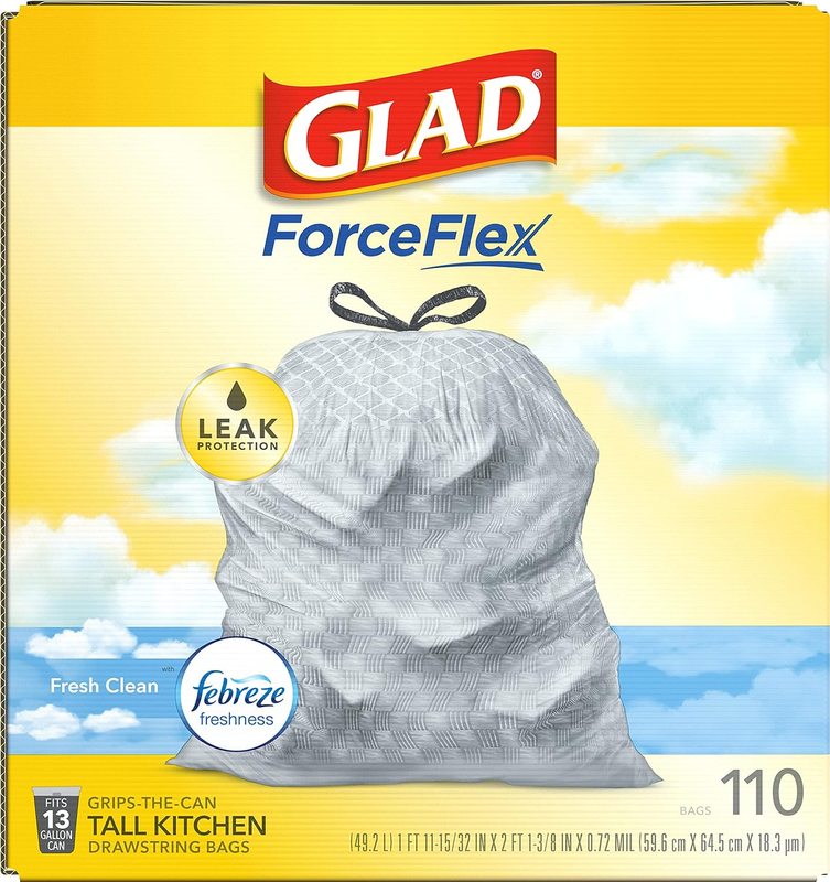 Glad Tall Kitchen Drawstring Trash Bags - Odorshield 13 Gallon White Trash Bag, Febreze Fresh Clean, 110 Count : Health & Household