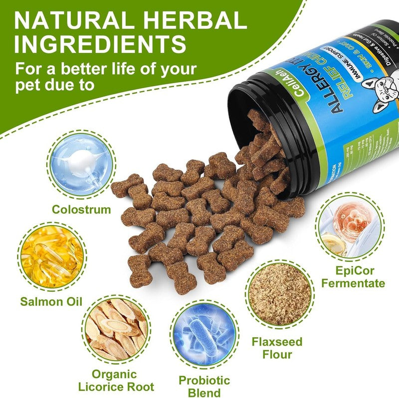 Dog Allergy Itch Relief Chews Anti Itch Immune Treats with Probiotics and Colostrum for Dry Skin Licking Seasonal Allergies Skin & Coat Supplement, Immunity Omega 3 6 9 Fish Salmon Oil : Pet Supplies