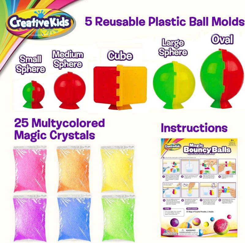 Creative Kids Magic Bouncy Balls - DIY STEM Toys - Science Kit for Kids - 25 Multicolor Bags & 5 Molds Makes Up to 43 Balls : Toys & Games
