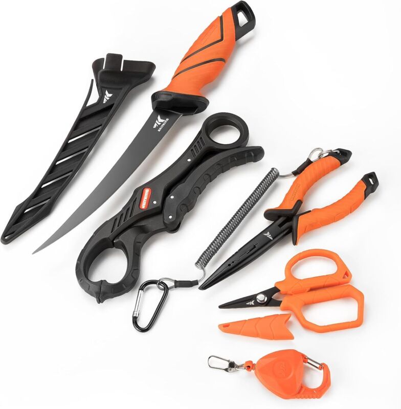 KastKing SteelStream 6pc Fishing Tool Kit - Corrosion Resistant Fishing Pliers with Lanyard, Fillet Knife, Floating Fish Lip Gripper, Fishing Braid Scissors, Tool Retractor, Fishing Gifts for Men : Sports & Outdoors