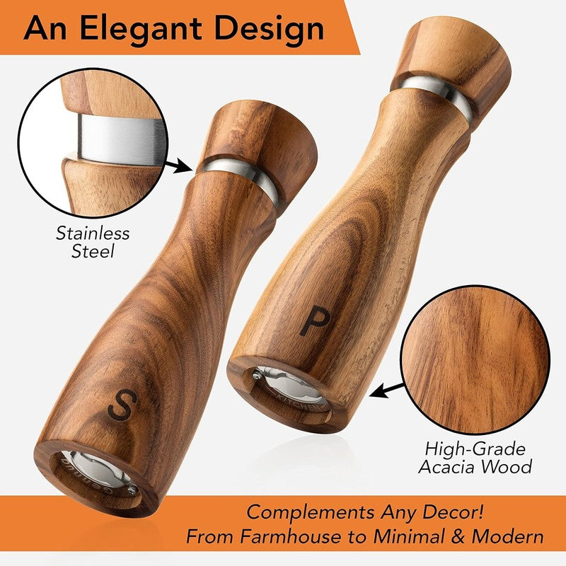 Gennua Kitchen Wooden Salt and Pepper Grinder Set: Refillable Salt & Pepper Mills Adjust for Customized Coarseness, Crafted of Solid Acacia Wood with Ceramic/Stainless Steel Core, 8 Inches Each: Home & Kitchen