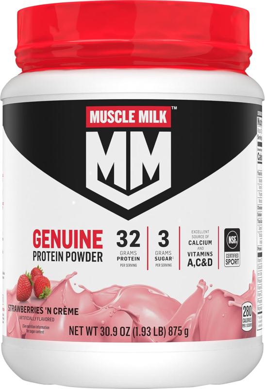 Muscle Milk Genuine Protein Powder, Strawberries ‘N Crème, 1.93 Pounds, 12 Servings, 32g Protein, 3g Sugar, Calcium, Vitamins A, C & D, NSF Certified for Sport, Energizing Snack, Packaging May Vary : Health & Household