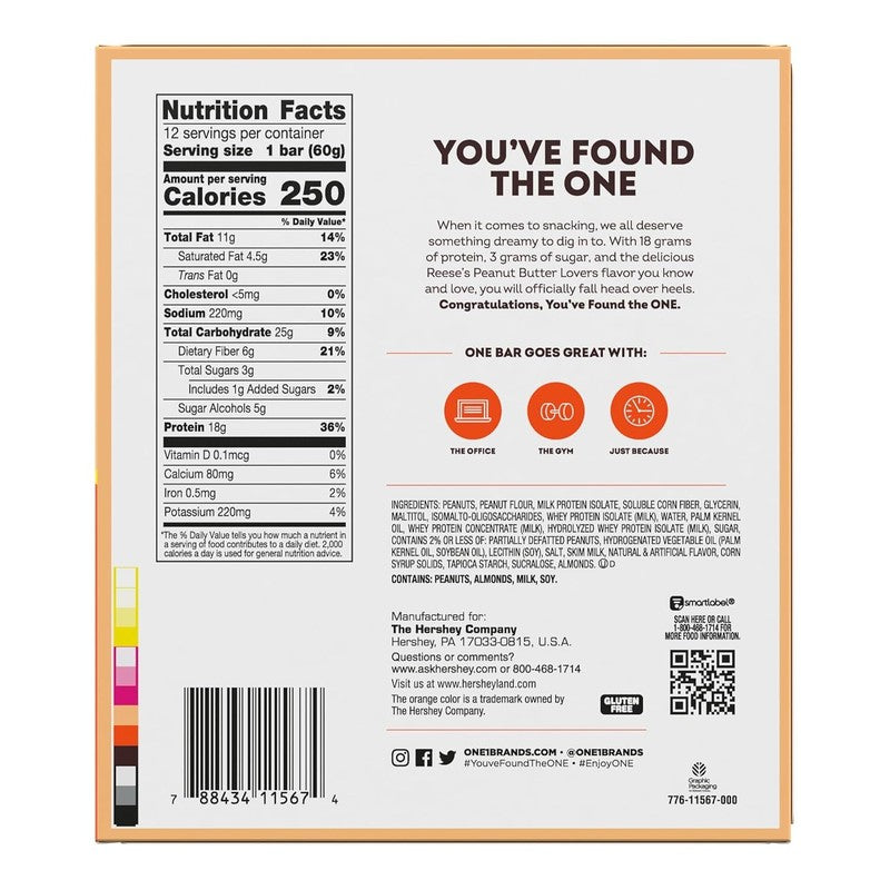 ONE Protein Bars, Reese's Peanut Butter Lovers, Gluten Free with 18g Protein and 3g Sugar, Pantry Staples, 2.12 oz (12 Count)