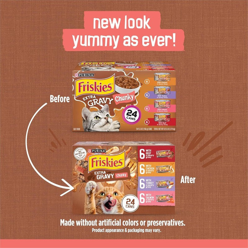 Purina Friskies Extra Gravy Wet Cat Food Chunky 24ct Variety Pack (With Chicken, Turkey, Salmon, Beef) - (Pack of 24) 5.5 oz. Cans : Pet Supplies