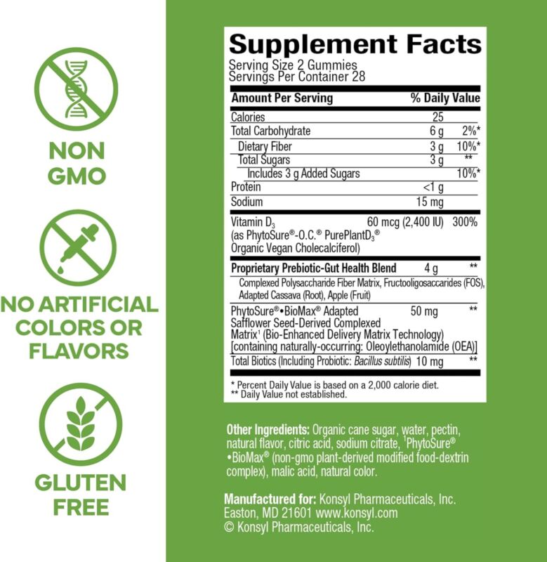 Konsyl Gut Health Prebiotic Probiotic Fiber Gummies Digestive Support 56 Ct