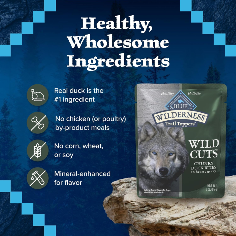 Blue Buffalo Wilderness Trail Toppers Wild Cuts Natural High-Protein Dog Wet Food, Duck Bites in Hearty Gravy, 3-oz Pouch, 24 Count