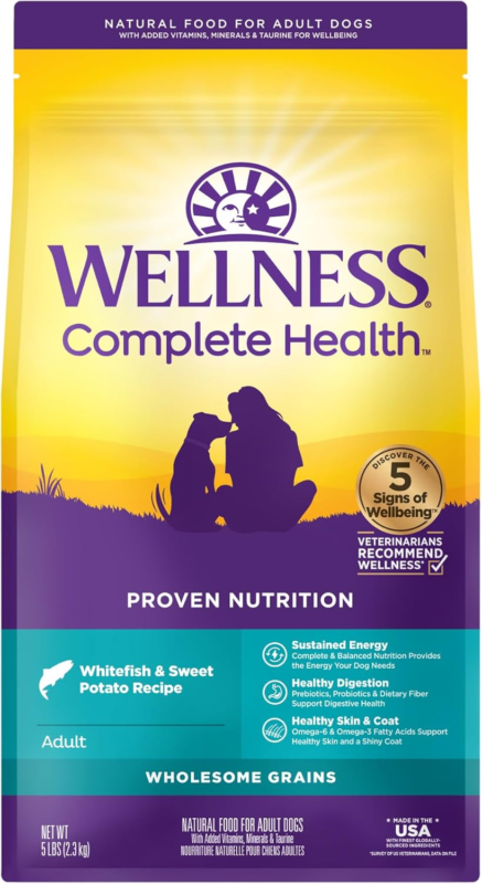 Wellness Complete Health Dry Dog Food, Wholesome Grains, Natural, Whitefish & Sweet Potato, (5-Pound Bag) : Pet Supplies