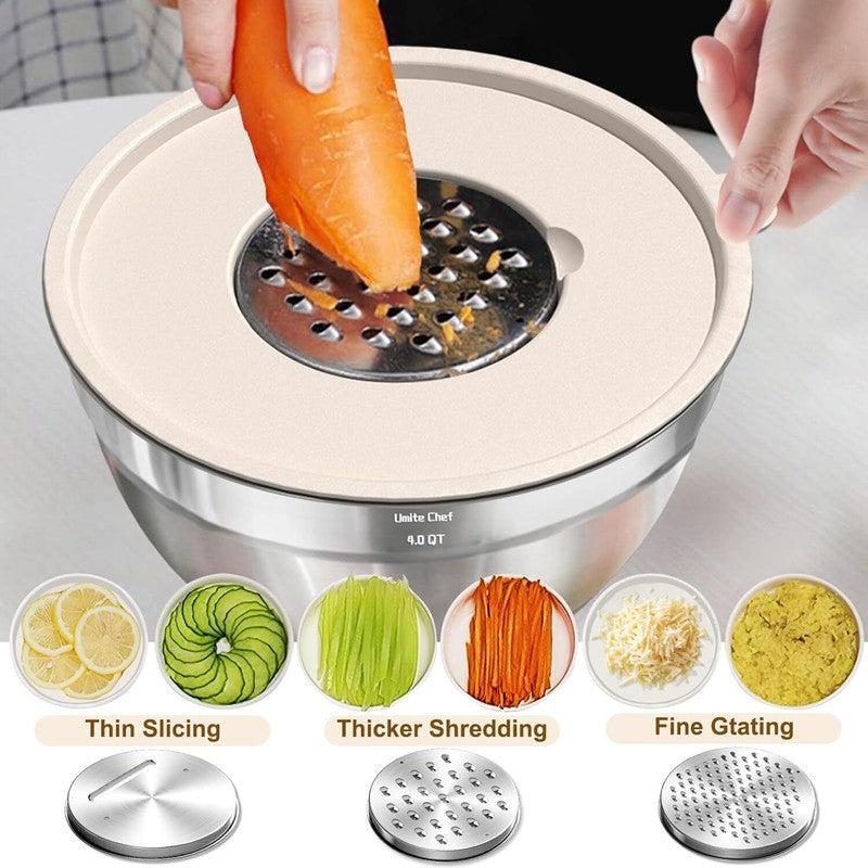 Umite Chef Mixing Bowls with Airtight Lids Set, 8PCS Stainless Steel Khaki Nesting Bowls with Grater Attachments, Kitchen Bowls with Non-Slip Bottoms, Size 5, 4, 3.5, 2, 1.5QT for Mixing & Serving: Home & Kitchen