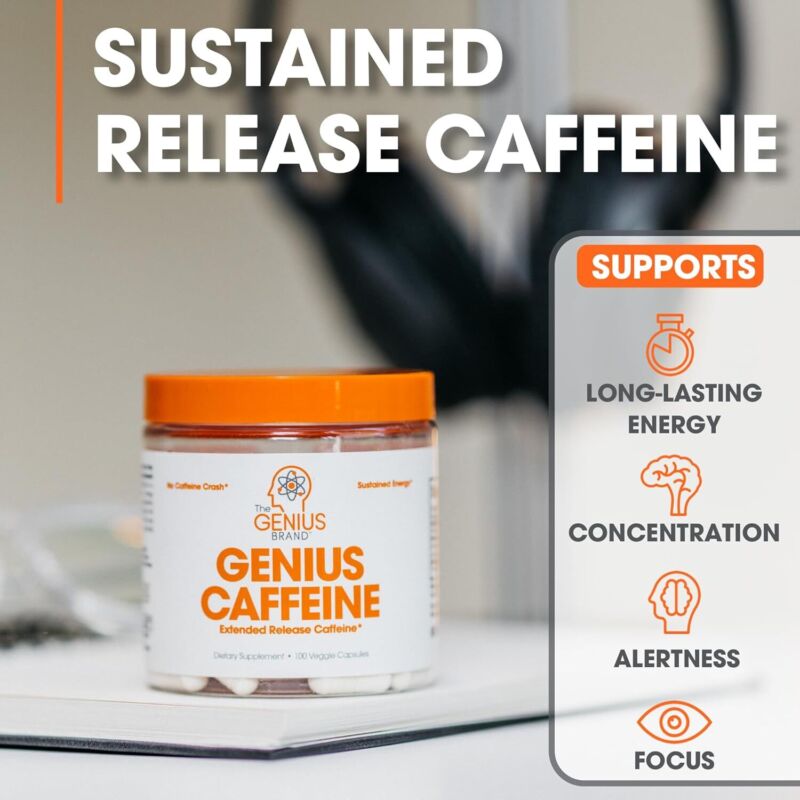 Genius Caffeine - Sustained-Release Microencapsulated Caffeine Pills for Smooth, Long-Lasting Energy & Focus - No Jitters or Crash - 100mg per Capsule - 100 Servings - Natural Performance Booster : Health & Household