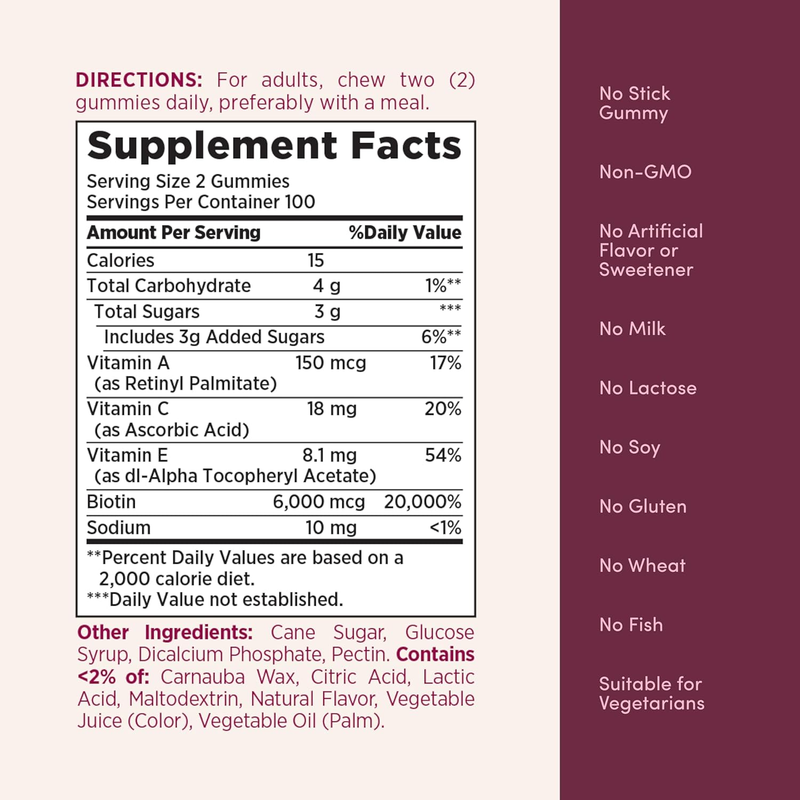 Nature’s Bounty Optimal Solutions Advanced Hair, Skin and Nails Pectin Gummies, 2x Biotin Per Serving, No Stick Gummy, Vegetarian Formula, Strawberry Flavor, 200 ct, 100 Total Servings : Health & Household