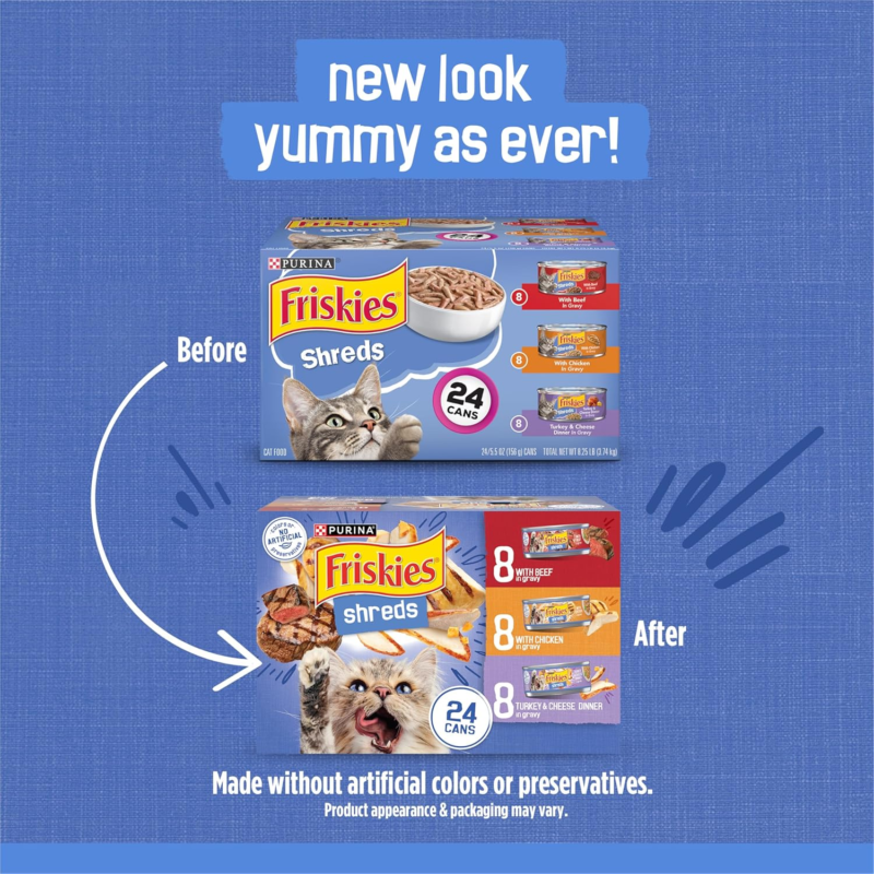 Purina Friskies Gravy Wet Cat Food Variety Pack, Shreds With Beef, With Chicken, and Turkey and Cheese Dinner - (Pack of 24) 5.5 oz. Cans : Canned Wet Pet Food : Pet Supplies