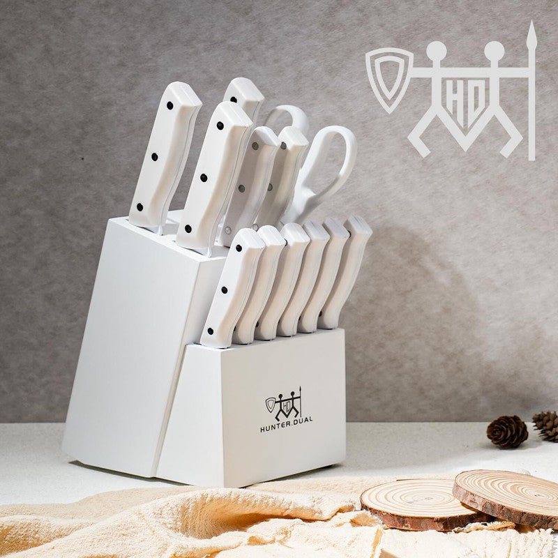 Knife Set, HUNTER.DUAL 15 Piece Kitchen Knife Set with Block and Built-in sharpener, Dishwasher Safe, Anti-slip Handle, White: Home & Kitchen