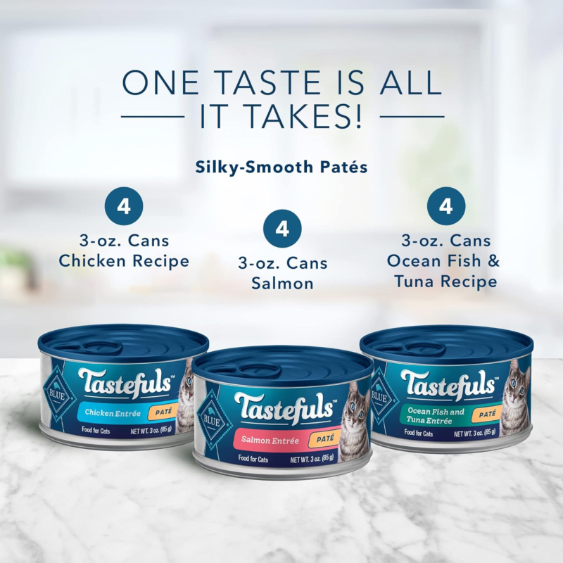 Blue Buffalo Tastefuls Natural Pate Wet Cat Food Variety Pack, Salmon, Chicken, Ocean Fish & Tuna Entrées 3-oz Cans (12 Count - 4 of Each Flavor)
