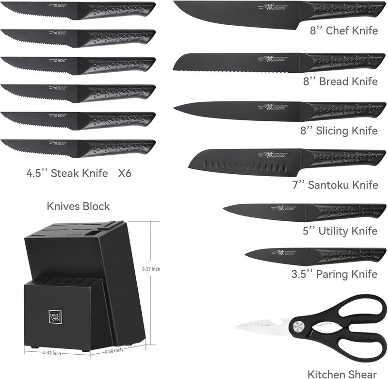 HUNTER.DUAL Knife Sets for Kitchen with Block, 15 Piece Knife Set with Built-in Sharpener, Dishwasher Safe, German Stainless Steel, Black: Home & Kitchen