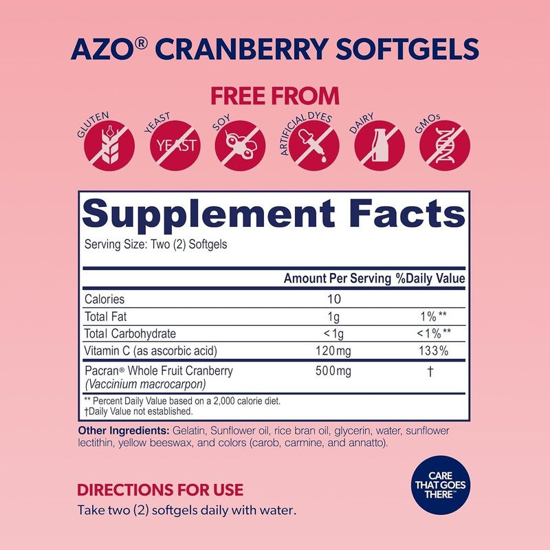 AZO Cranberry Supplement, Made with Concentrated Whole Fruit Cranberry Powder to Help Cleanse and Protect the Urinary Tract*, Sugar Free Cranberry Pills, Non-GMO, 100 Softgels : Health & Household