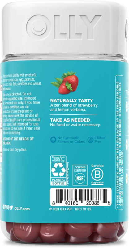 OLLY Goodbye Stress Gummy, GABA, L-Theanine, Lemon Balm, Stress Relief Supplement, Berry - 60 Count