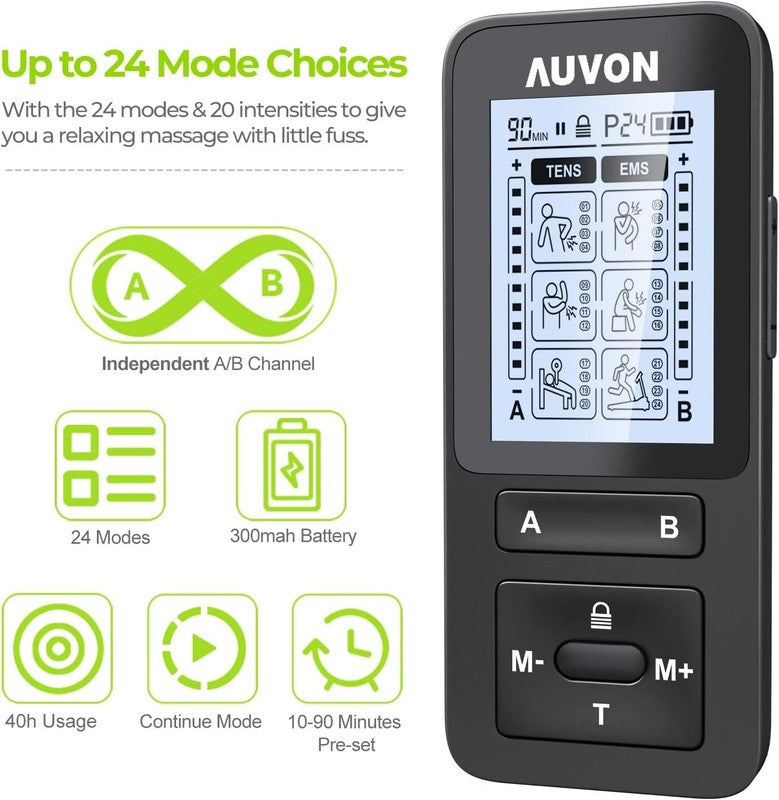 AUVON 24 Modes Dual Channel TENS Unit Muscle Stimulator with 2X Battery Life, Rechargeable TENS Machine for Pain Relief, Belt Clip, Continuous Time Setting, Portable Bag, Cable Ties, 10 Electrode Pads : Health & Household