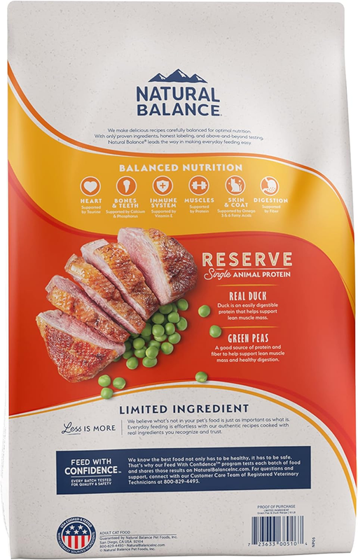Natural Balance Limited Ingredient Adult Grain-Free Dry Cat Food, Reserve Duck & Green Pea Recipe, 10 Pound (Pack of 1) : Dry Pet Food : Pet Supplies