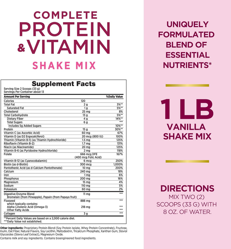 Nature’s Bounty Complete Protein & Vitamin Shake Mix with Collagen & Fiber, Contains Vitamin C for Immune Health, Vanilla Flavored,1 lb. 13 Servings