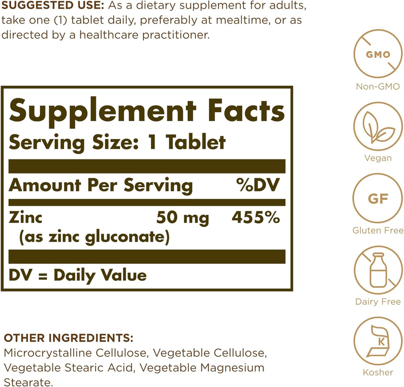 Solgar, Zinc 50 Mg, 100 Tablets : Health & Household