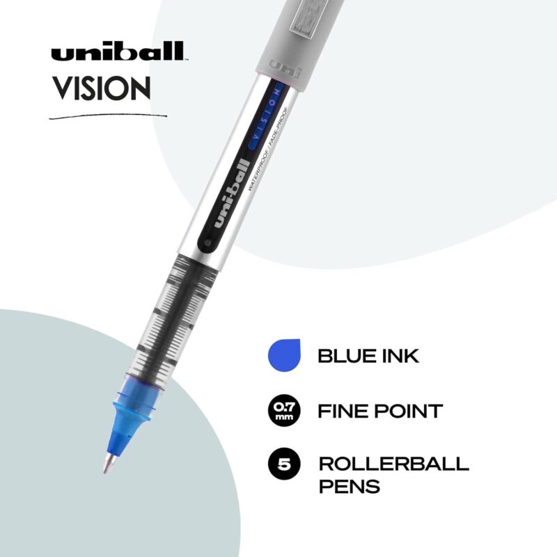 uniball™ Vision Rollerball Pens, Fine Point (0.7mm), Blue, 5 Pack : Office Products