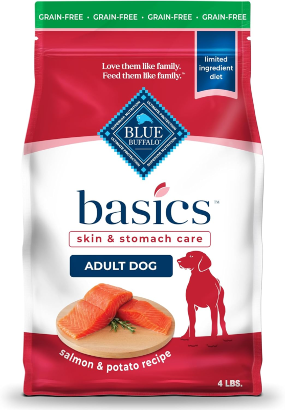 Blue Buffalo Basics Grain-Free Adult Dry Dog Food, Skin & Stomach Care, Limited Ingredient Diet for Dogs, Salmon Recipe, 4-lb. Bag : Pet Supplies