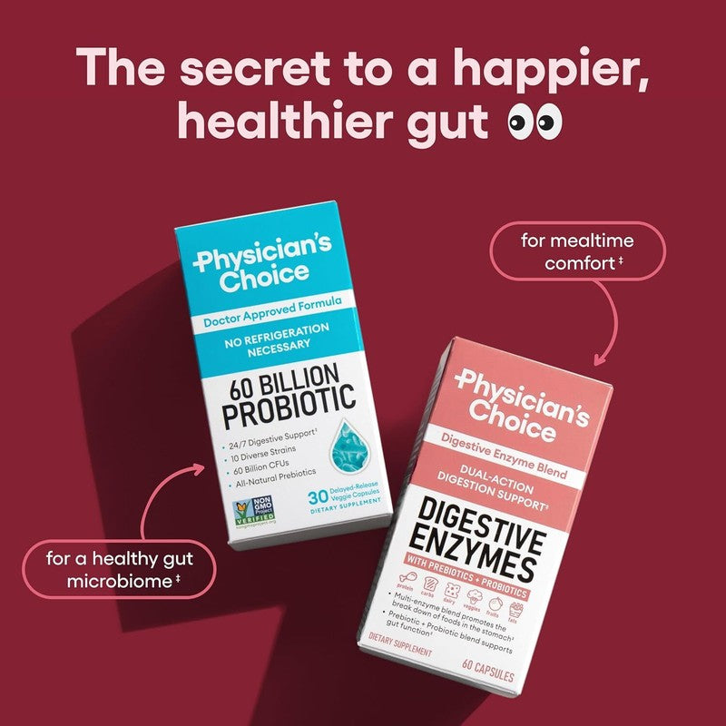 Physician's CHOICE Digestive Enzymes - Multi Enzymes, Organic Prebiotics & Probiotics for Digestive Health & Gut Health - Meal Time Discomfort Relief & Bloating - Dual Action Approach - 60 CT : Health & Household