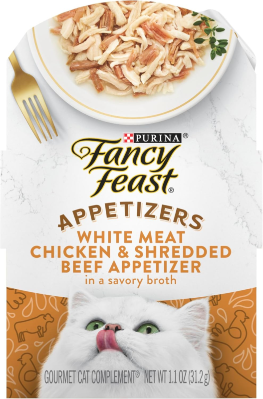 Purina Fancy Feast Appetizers Lickable Grain Free Cat Food Topper White Meat Chicken and Shredded Beef Appetizer - (Pack of 10) 1.1 oz. Trays : Pet Supplies