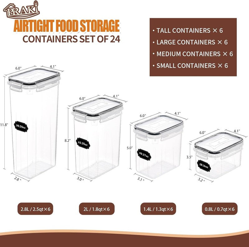 PRAKI Airtight Food Storage Containers Set with Lids - 24 PCS, BPA Free Kitchen and Pantry Organization, Plastic Leak-proof Canisters for Cereal Flour & Sugar - Labels & Marker: Home & Kitchen