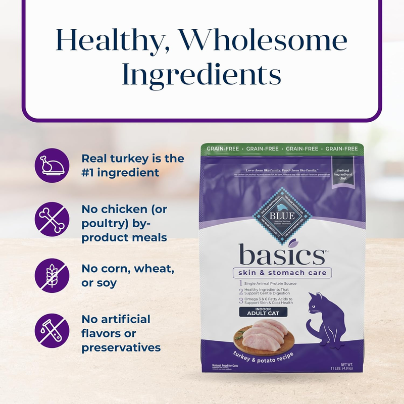 Blue Buffalo Basics Grain-Free Dry Cat Food, Skin & Stomach Care, Limited Ingredient Diet for Indoor Cats, Turkey & Potato Recipe, 11-lb. Bag