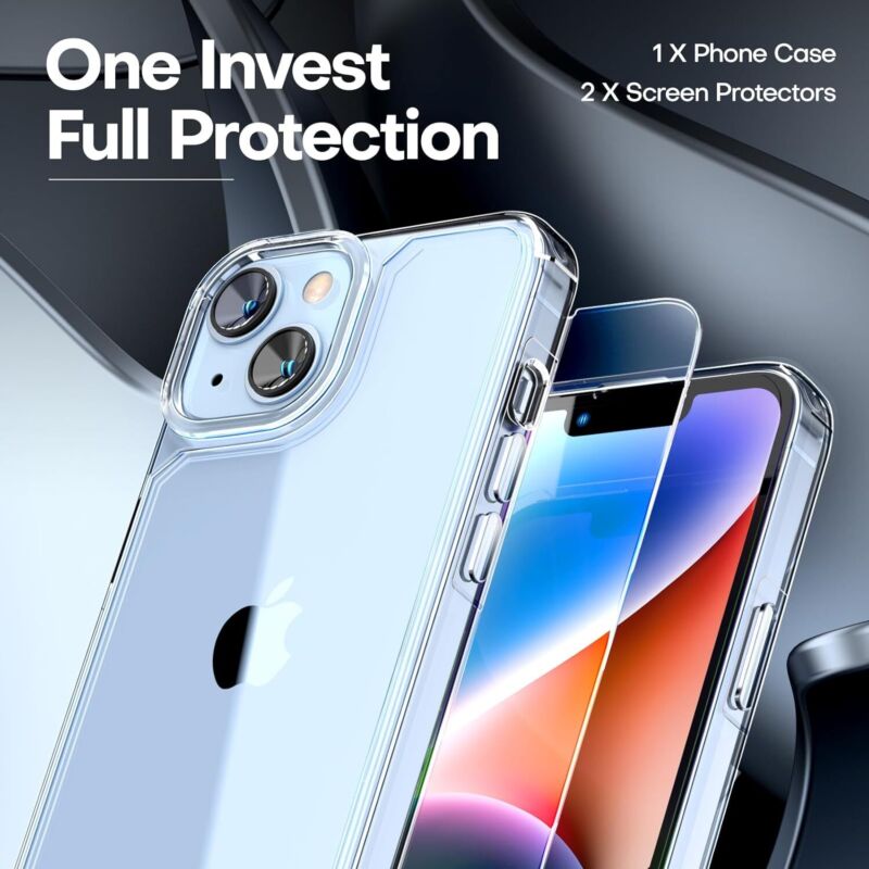 TAURI 3-in-1 iPhone 14 Case Clear with Screen Protectors Slim Drop Protection