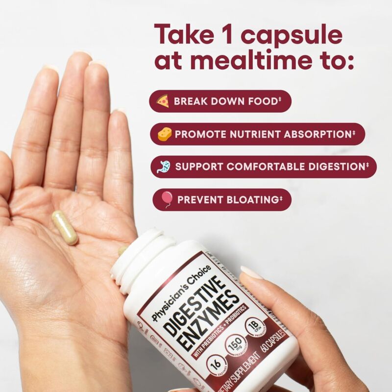 Physician's CHOICE Digestive Enzymes - Multi Enzymes, Organic Prebiotics & Probiotics for Digestive Health & Gut Health - Meal Time Discomfort Relief & Bloating - Dual Action Approach - 60 CT : Health & Household