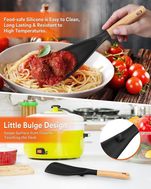 Cooking Spoon and Rice Scooper for Nonstick Cookwares, Great for Cooking and Serving Sturdy BPA-Free Matte Silicone, Wood Handle Spoon for Mixing, Scoop, and Scrape (Black): Home & Kitchen
