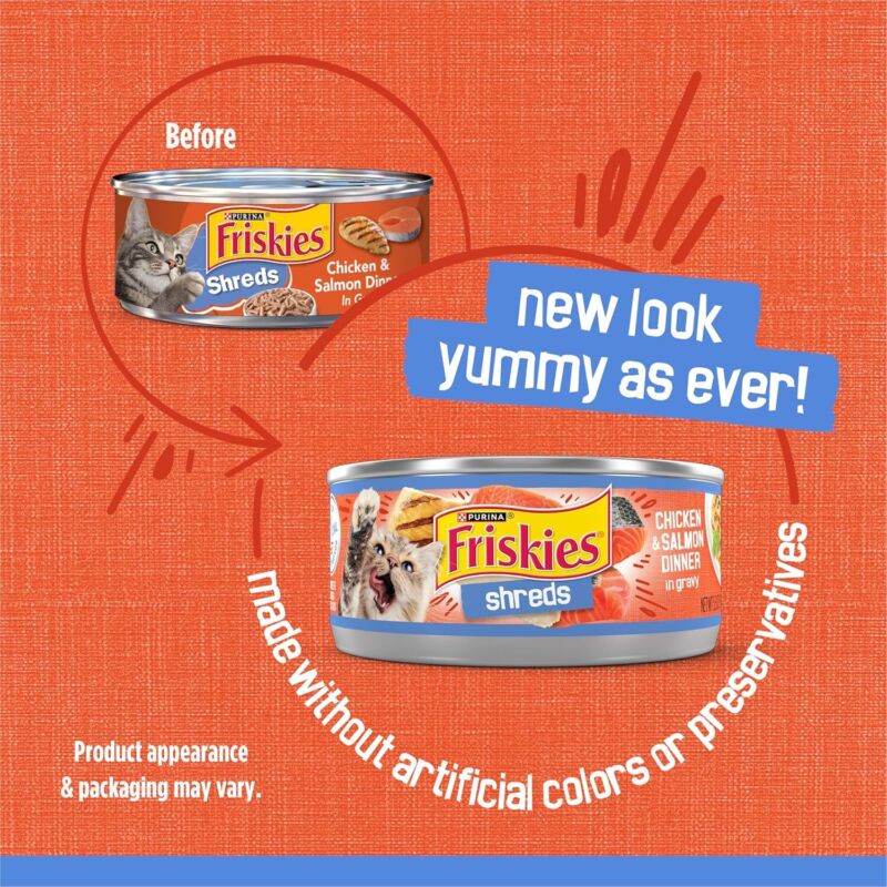 Purina Friskies Shreds Chicken and Salmon Dinner in Wet Cat Food Gravy (24)5.5oz