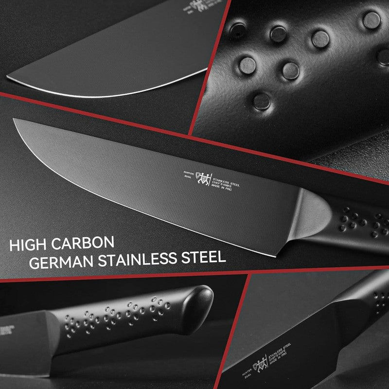 HUNTER.DUAL Knife Sets for Kitchen with Block, 15 Piece Knife Set with Built-in Sharpener, Dishwasher Safe, German Stainless Steel, Black: Home & Kitchen