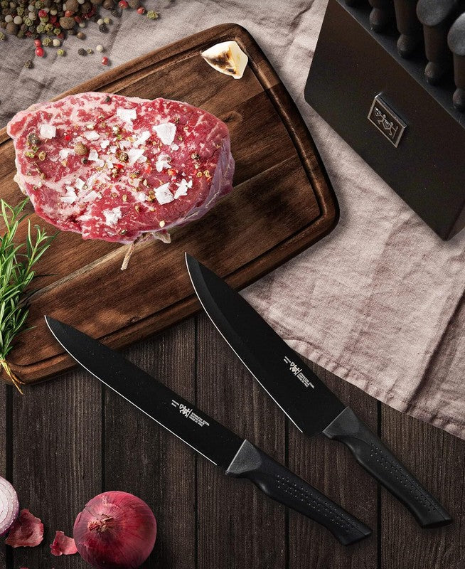 Knife Set, 15 Pcs Kitchen Knife Set with Block Self Sharpening, Dishwasher Safe, 6 Steak Knives, Anti-slip handle, Black: Home & Kitchen