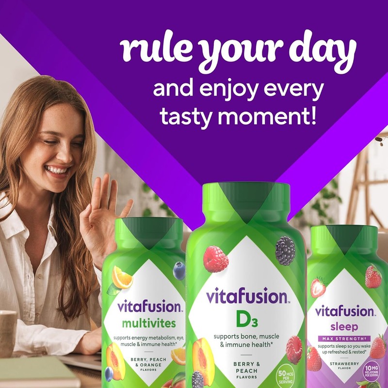 Vitafusion Vitamin D3 Gummy Vitamins for Bone and Immune System Support, Peach, Blackberry and Strawberry Flavored, 50 mcg Vitamin D, America’s Number 1 Gummy Vitamin Brand, 75 Day Supply, 150 Count : Health & Household