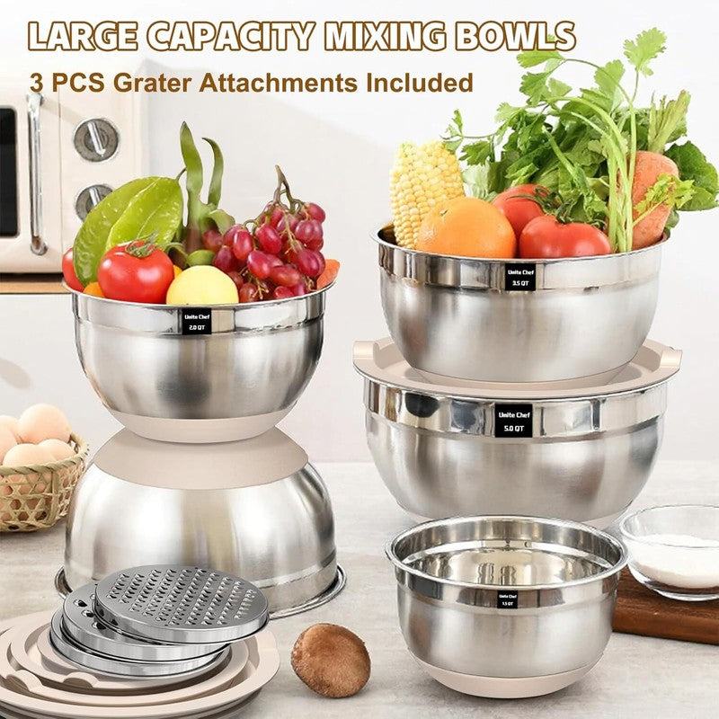 Umite Chef Mixing Bowls with Airtight Lids Set, 8PCS Stainless Steel Khaki Nesting Bowls with Grater Attachments, Kitchen Bowls with Non-Slip Bottoms, Size 5, 4, 3.5, 2, 1.5QT for Mixing & Serving: Home & Kitchen