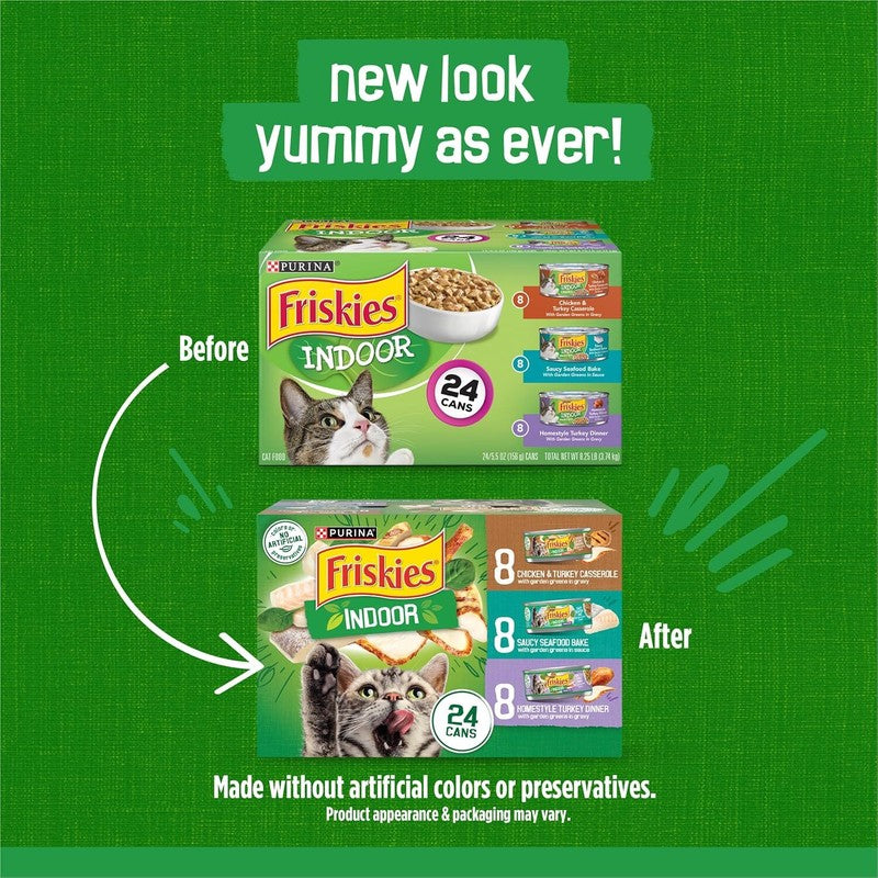 Purina Friskies Indoor Cat Food 24ct VP - (Chicken and Turkey Casserole, Saucy Seafood Bake, Homestyle Turkey Dinner) - (Pack of 24) 5.5 oz. Cans : Pet Supplies