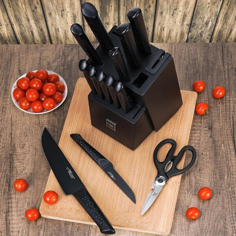HUNTER.DUAL Knife Sets for Kitchen with Block, 15 Piece Knife Set with Built-in Sharpener, Dishwasher Safe, German Stainless Steel, Black: Home & Kitchen