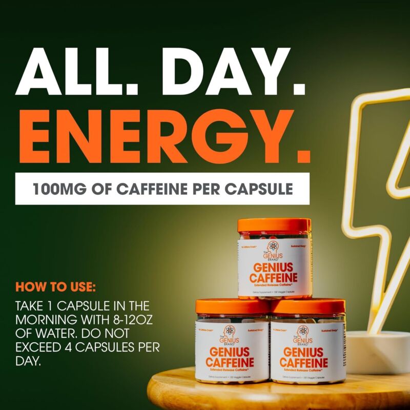 Genius Caffeine - Sustained-Release Microencapsulated Caffeine Pills for Smooth, Long-Lasting Energy & Focus - No Jitters or Crash - 100mg per Capsule - 100 Servings - Natural Performance Booster : Health & Household