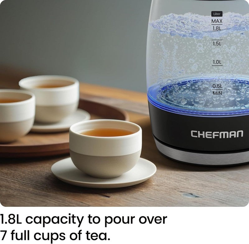 Chefman Electric Kettle, 1.8L 1500W, Hot Water Boiler, Removable Lid for Easy Cleaning, Auto Shut Off, Boil-Dry Protection, Stainless Steel Filter, BPA Free, Borosilicate Glass Electric Tea Kettle: Home & Kitchen