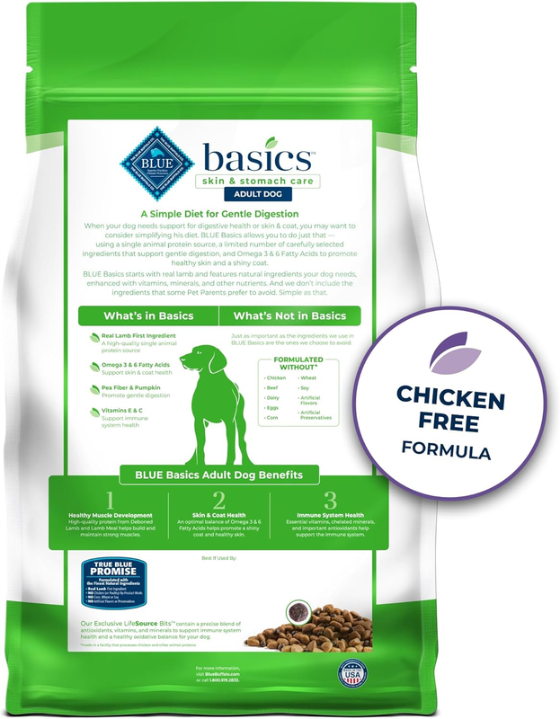 Blue Buffalo Basics Adult Grain-Free Dry Dog Food for Skin & Stomach Care, Limited Ingredient Diet, Made in the USA with Natural Ingredients, Lamb & Potato Recipe, 4-lb. Bag : Pet Supplies