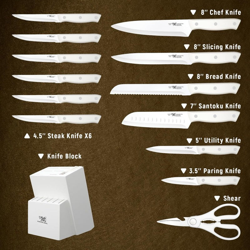 Knife Set, HUNTER.DUAL 15 Piece Kitchen Knife Set with Block and Built-in sharpener, Dishwasher Safe, Anti-slip Handle, White: Home & Kitchen